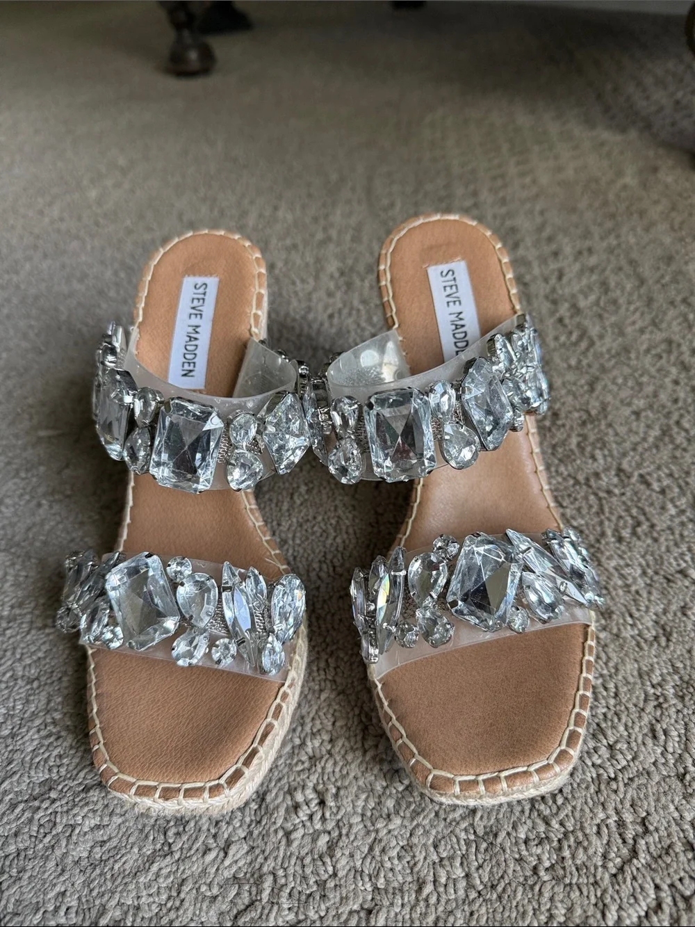 Steve Madden Clear Jeweled Slide Sandals with Tan Footbed